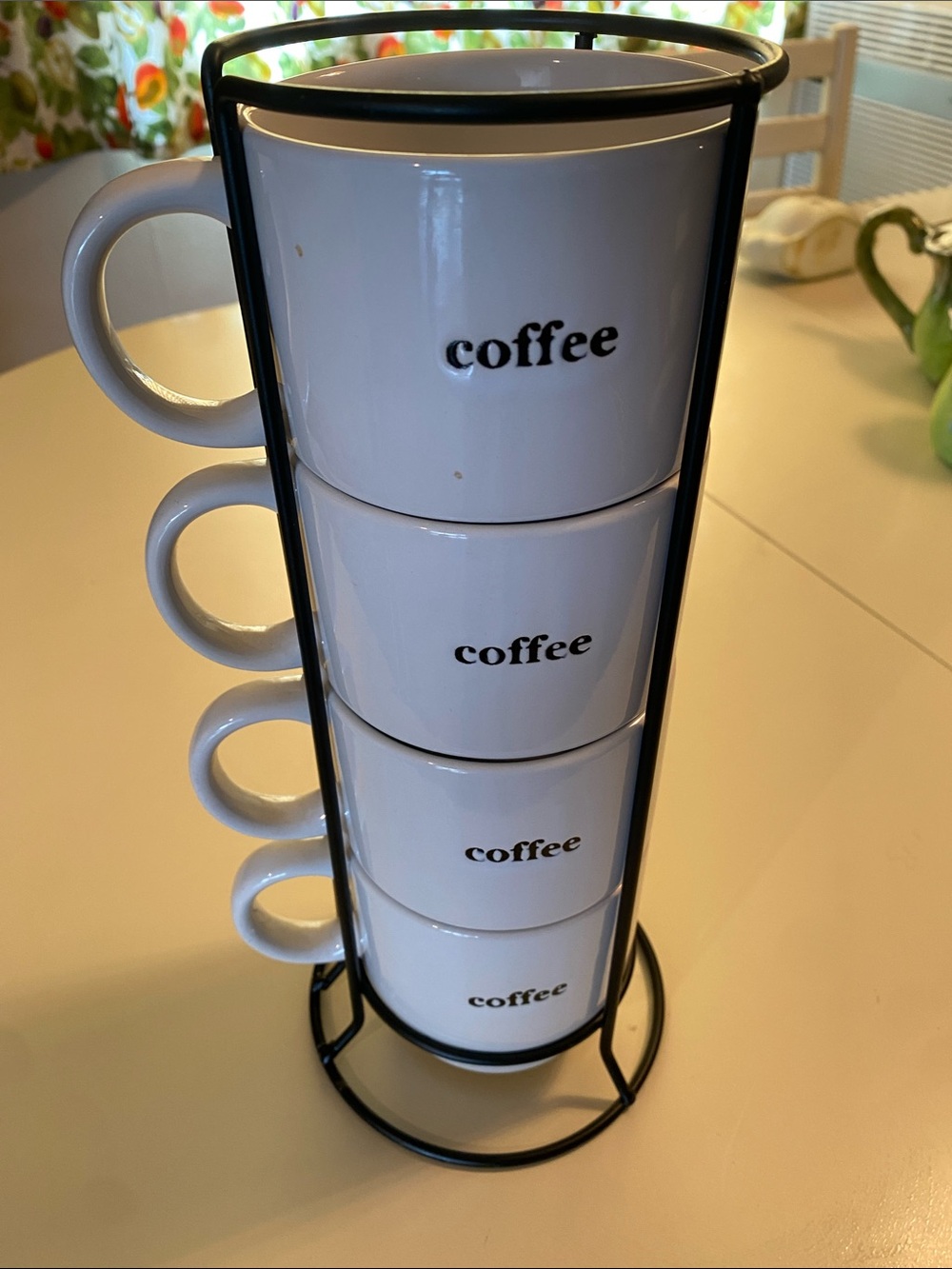 Stackable White Coffee Mug Set with Black Metal Stand - 4-Piece